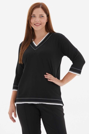 Büyük Beden V Yaka Etek Ucu Ribanalı Triko Bluz