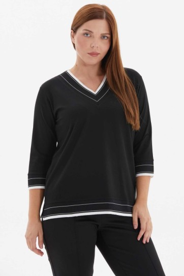 Büyük Beden V Yaka Etek Ucu Ribanalı Triko Bluz
