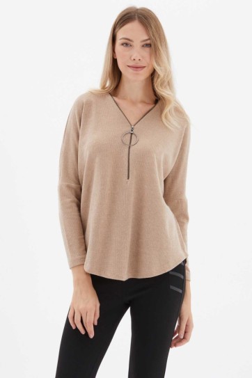 Önü Fermuarlı Büyük Elcikli Triko Bluz