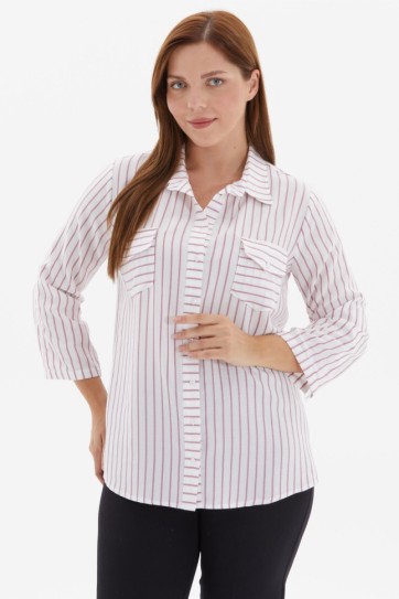 Büyük Beden Çizgili Kapak Cep Gömlek