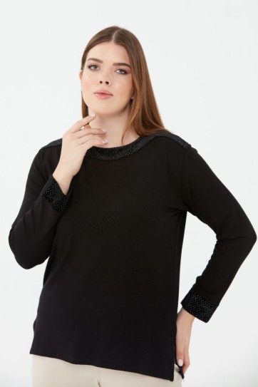 Büyük Beden Kadife Kombinli Penye Bluz