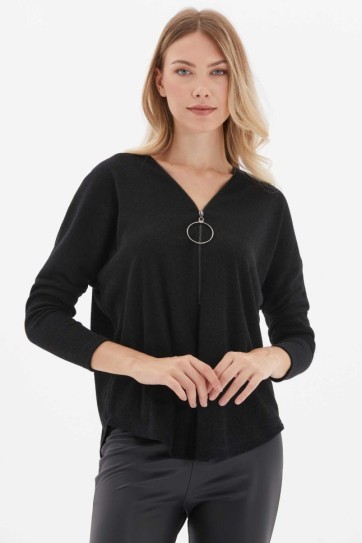 Önü Fermuarlı Büyük Elcikli Triko Bluz