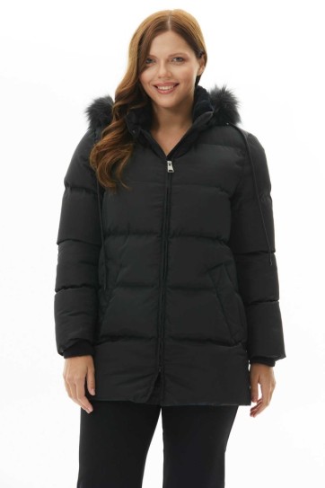 Büyük Beden Yakası Kürklü Önü Fermuarlı Mont