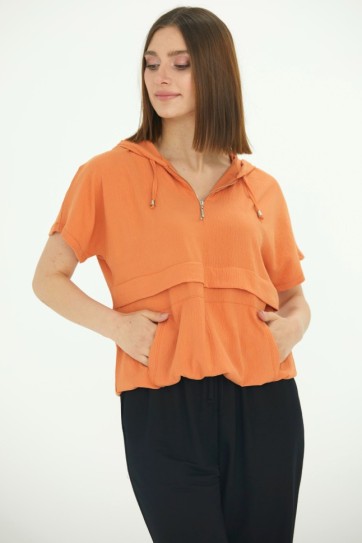 Kanguru Cep Düşük Kısa Kol Fermuarlı Bluz