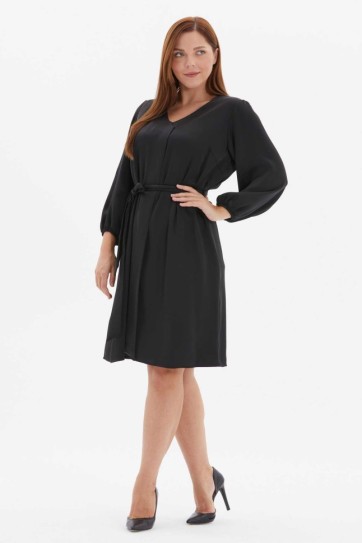 Büyük Beden Önü Plili Bağlamalı Saten Elbise