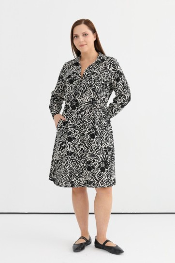 Büyük Beden Beli Büzgülü Çiçekli Uzun Kol Elbise