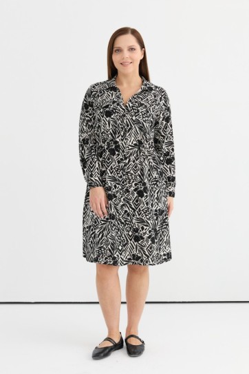 Büyük Beden Beli Büzgülü Çiçekli Uzun Kol Elbise