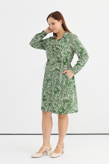 Büyük Beden Beli Büzgülü Çiçekli Uzun Kol Elbise