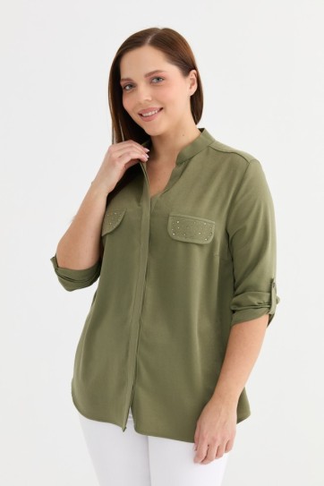 Büyük Beden Hakim Yaka Cebi Taşlı Bluz