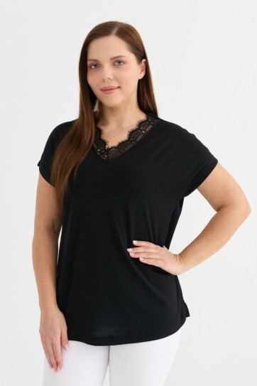 Büyük Beden Düşük Kol Yakası Dantelli Penye Bluz