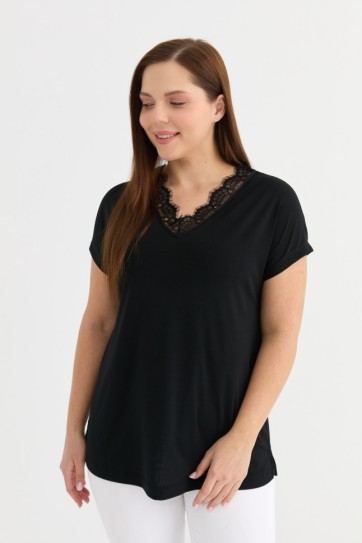 Büyük Beden Düşük Kol Yakası Dantelli Penye Bluz