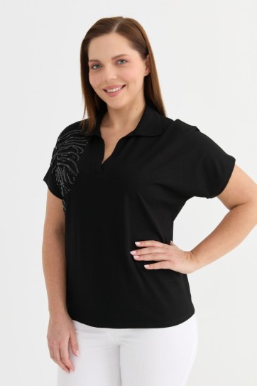 Büyük Beden Düşük Kol Omuzu Payetli Penye Bluz