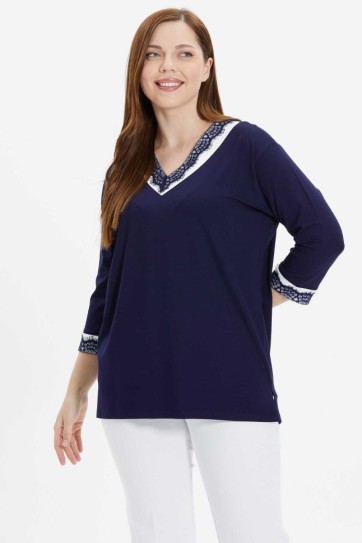 Büyük Beden Dantel Kombinli Penye Bluz