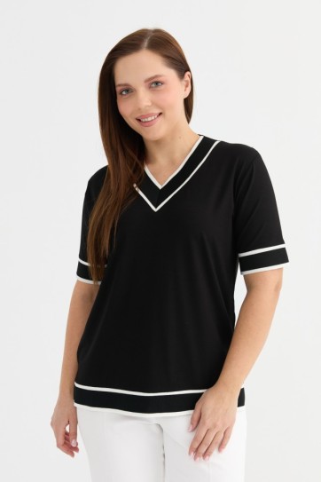 Büyük Beden V Yaka Kısa Kol Ribanalı Penye Bluz