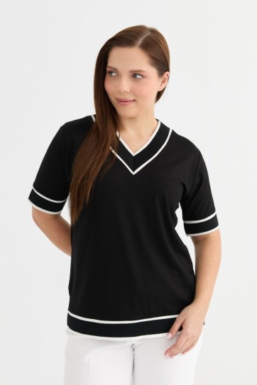 Büyük Beden V Yaka Kısa Kol Ribanalı Penye Bluz
