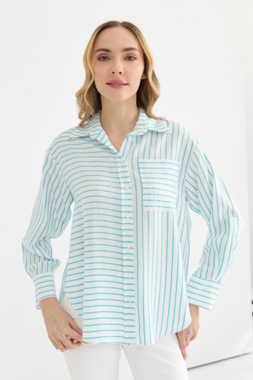 Gömlek Yaka Çizgili Kolu Kıvırmalı Bluz