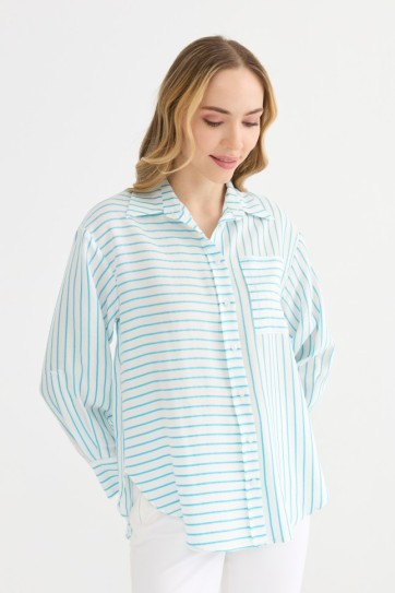 Gömlek Yaka Çizgili Kolu Kıvırmalı Bluz