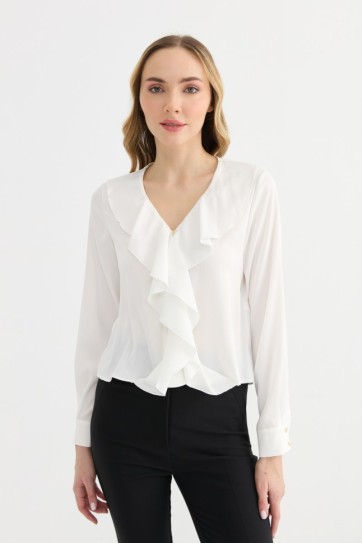 V Yaka Önü Volanlı Uzun Kol Bluz
