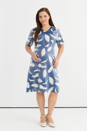 Büyük Beden Beli Kesikli Kuş Tüyü Desenli Elbise