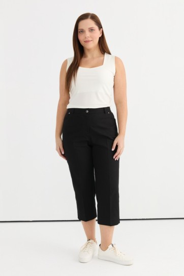 Büyük Beden Beli Yarım Lastikli Kapri Kot Pantolon