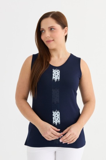 Büyük Beden Önü Yıldız Baskılı Kolsuz Penye Bluz