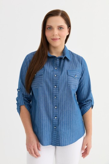 Büyük Beden Kapak Cep Çizgili Bluz