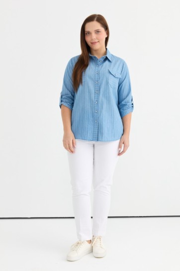 Büyük Beden Kapak Cep Çizgili Bluz