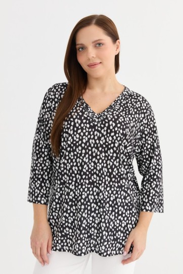Büyük Beden Yakası Biyeli Puantiye Penye Bluz