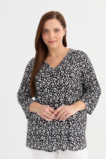 Büyük Beden Yakası Biyeli Puantiye Penye Bluz