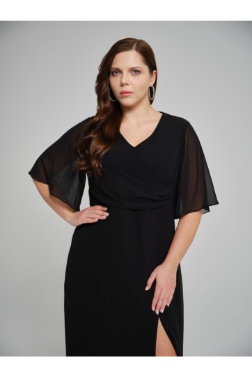 Büyük Beden Önü Kruvaze Yırtmaçlı Elbise