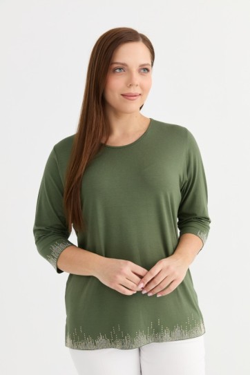 Büyük Beden Etek Ucu ve Kol Ucu Taşlı Penye Bluz