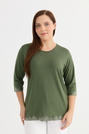 Büyük Beden Etek Ucu ve Kol Ucu Taşlı Penye Bluz