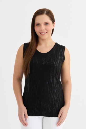 Büyük Beden Önü Varaklı Kolsuz Penye Bluz