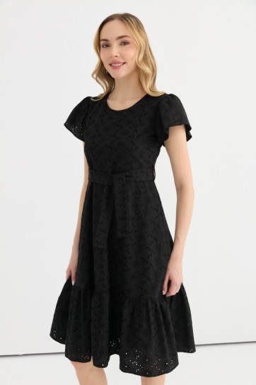 Kolu ve Etek Ucu Büzgülü Brode Elbise