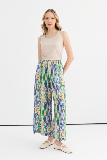 Beli Lastikli Soyut Desen Bol Paça Pantolon