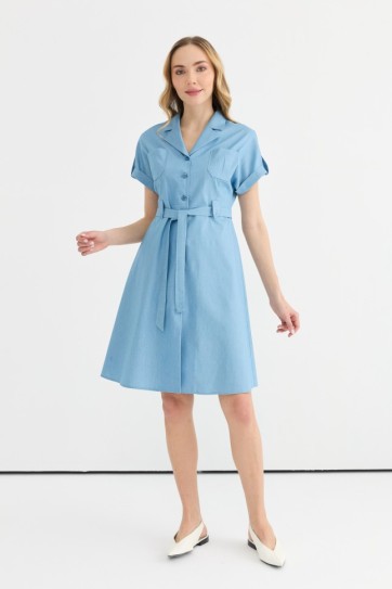 Erkek Yaka Beli Kemerli Önden Düğmeli Elbise