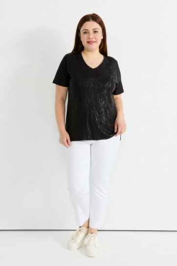 Büyük Beden V Yaka Önü Varaklı Kısa Kol Penye Bluz