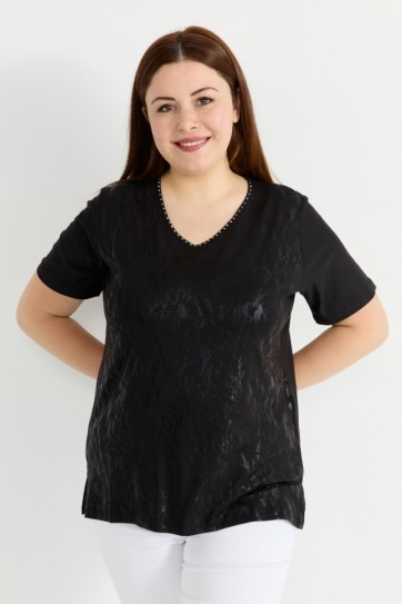 Büyük Beden V Yaka Önü Varaklı Kısa Kol Penye Bluz