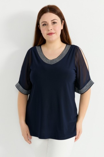 Büyük Beden V Yaka Kolları Yırtmaçlı Bluz