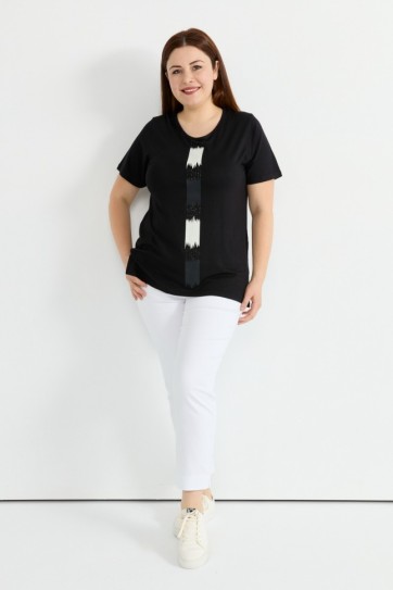 Büyük Beden Önü Baskılı Taşlı Kısa Kol Penye Bluz