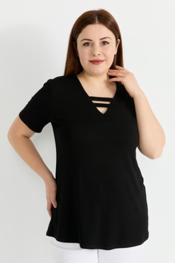 Büyük Beden Yakası Britli Kısa Kol Penye Bluz