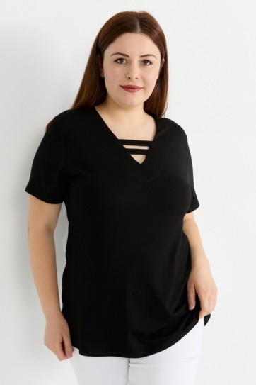 Büyük Beden Yakası Britli Kısa Kol Penye Bluz