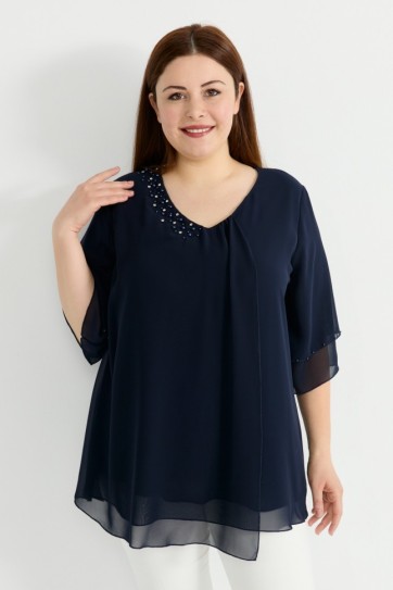 Büyük Beden V Yaka Taşlı Önü Plili Dökümlü Bluz