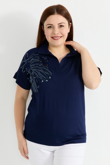 Büyük Beden Düşük Kol Omuzu Payetli Penye Bluz