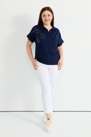 Büyük Beden Düşük Kol Omuzu Payetli Penye Bluz