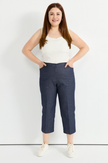 Büyük Beden Beli Yarım Lastikli Kapri Kot Pantolon