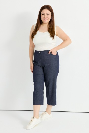 Büyük Beden Beli Yarım Lastikli Kapri Kot Pantolon