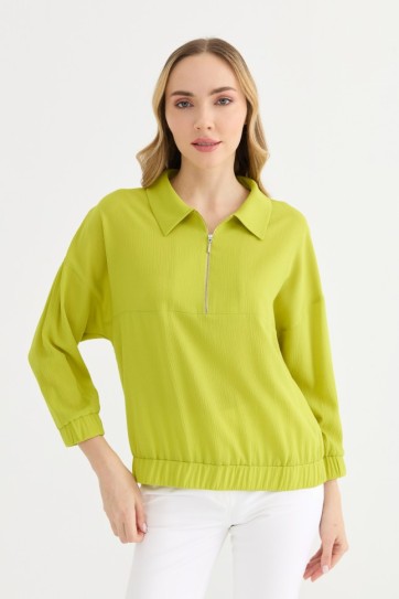 Şömizye Yaka Yarım Fermuarlı Lastikli Bluz