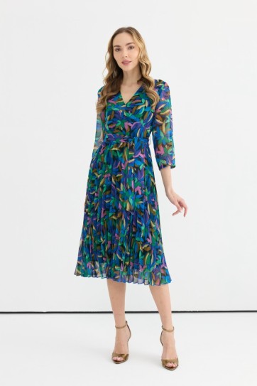 Eteği Pliseli Soyut Desen Truvakar Kol Elbise