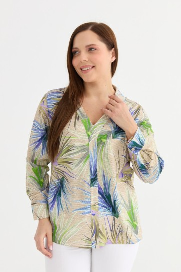 Büyük Beden Şömizye Yaka Uzun Kol Emprime Bluz